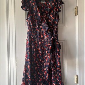 Karen Walker Navy Wrap Midi Dress with Red Cherry Print